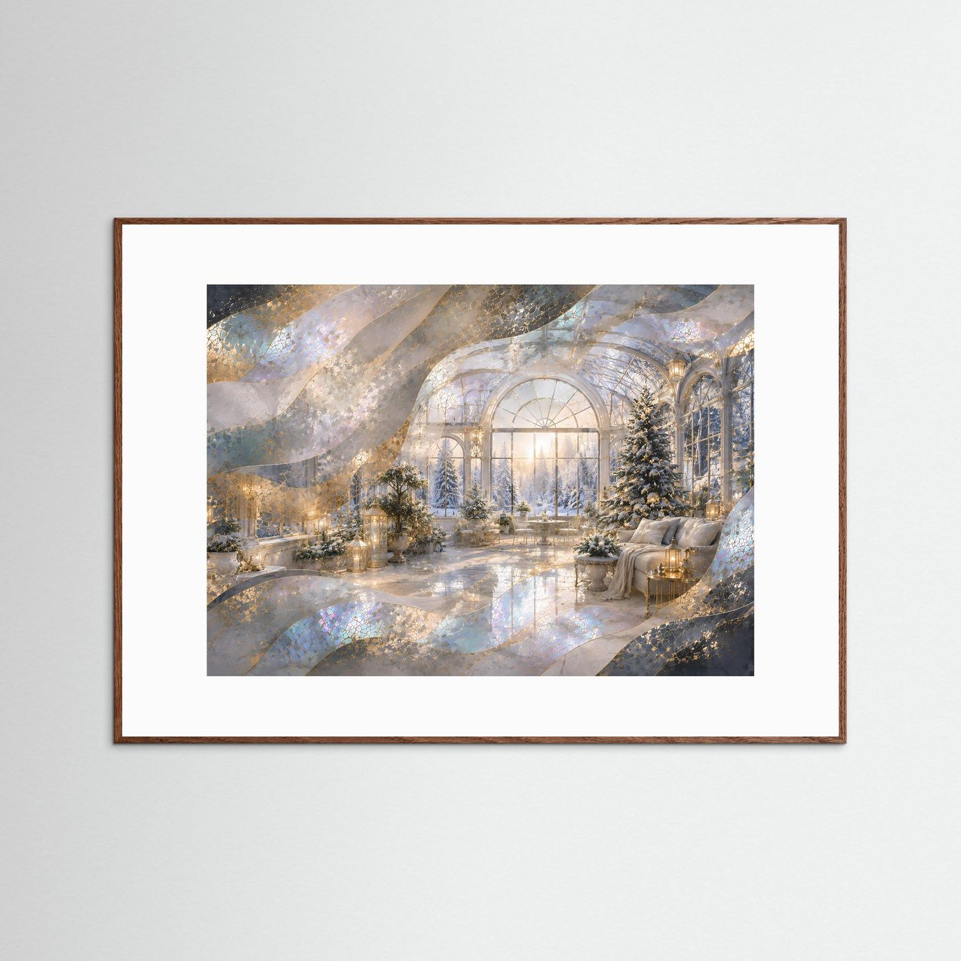 Wintergarten Poster Querformat | Verschneiter Wintergarten mit Weihnachtsbaum & Gold