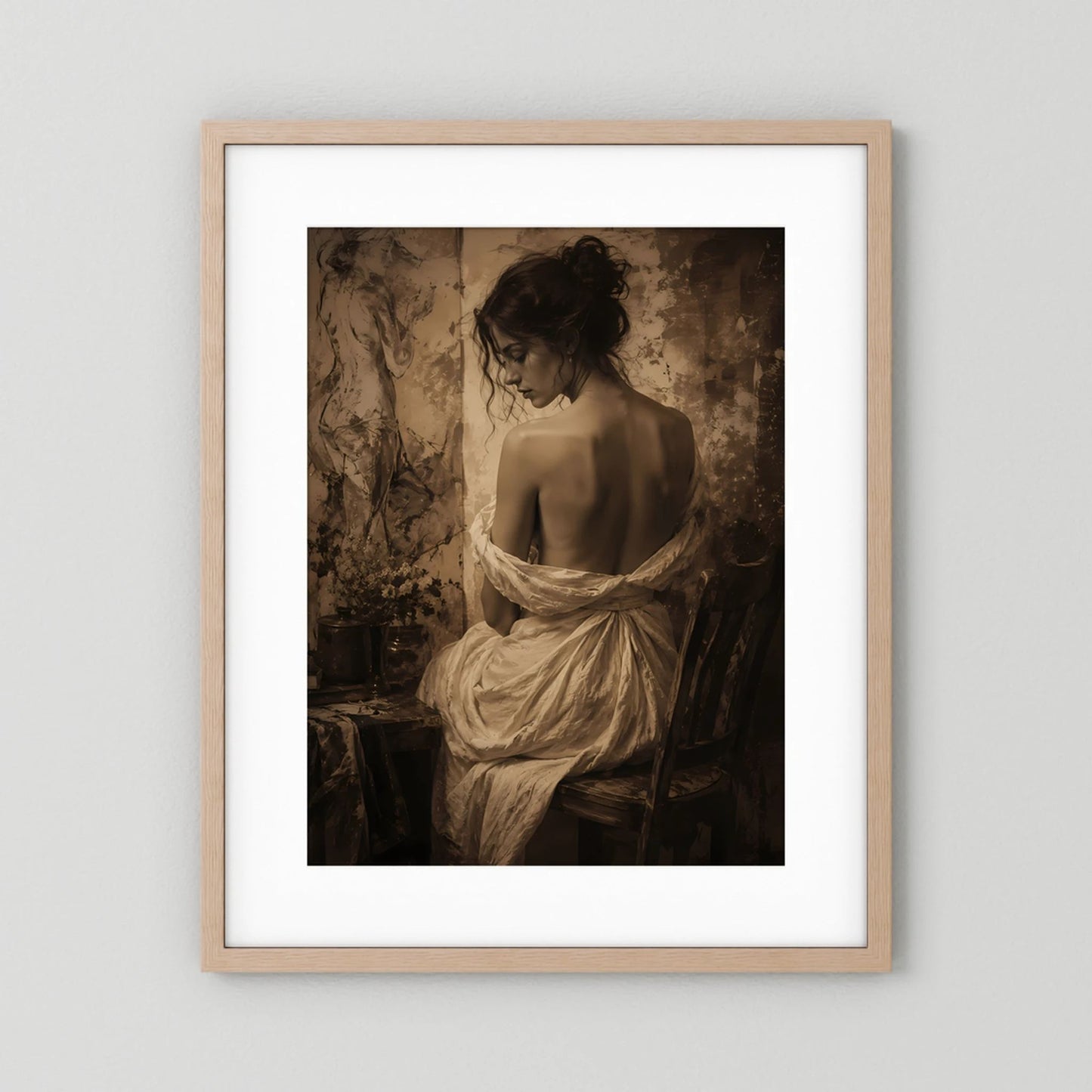 Kunstposter mit Sepia-Porträt einer Frau, naturfarbener Holzrahmen, mit weißem Passepartout