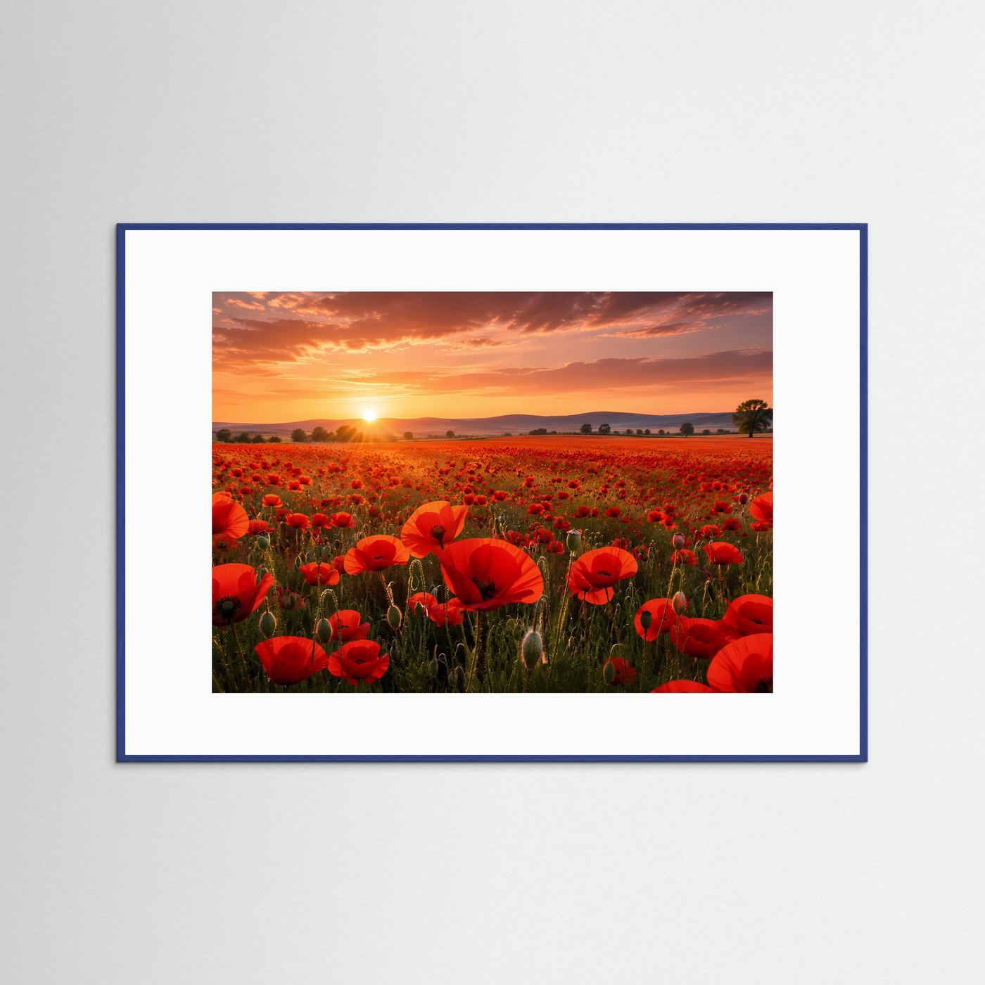 Poster mit rotem Mohnblumenfeld und Sonnenuntergang, blauer Rahmen, Querformat