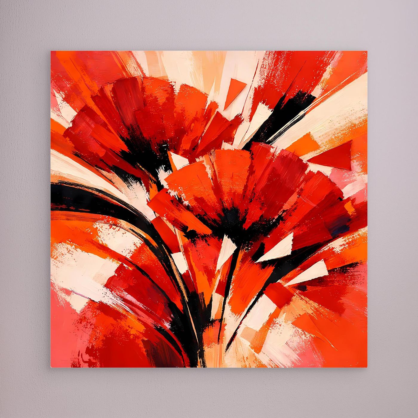 Leinwandbild mit abstraktem Mohnmotiv in Rot und Orange, ohne sichtbaren Rahmen