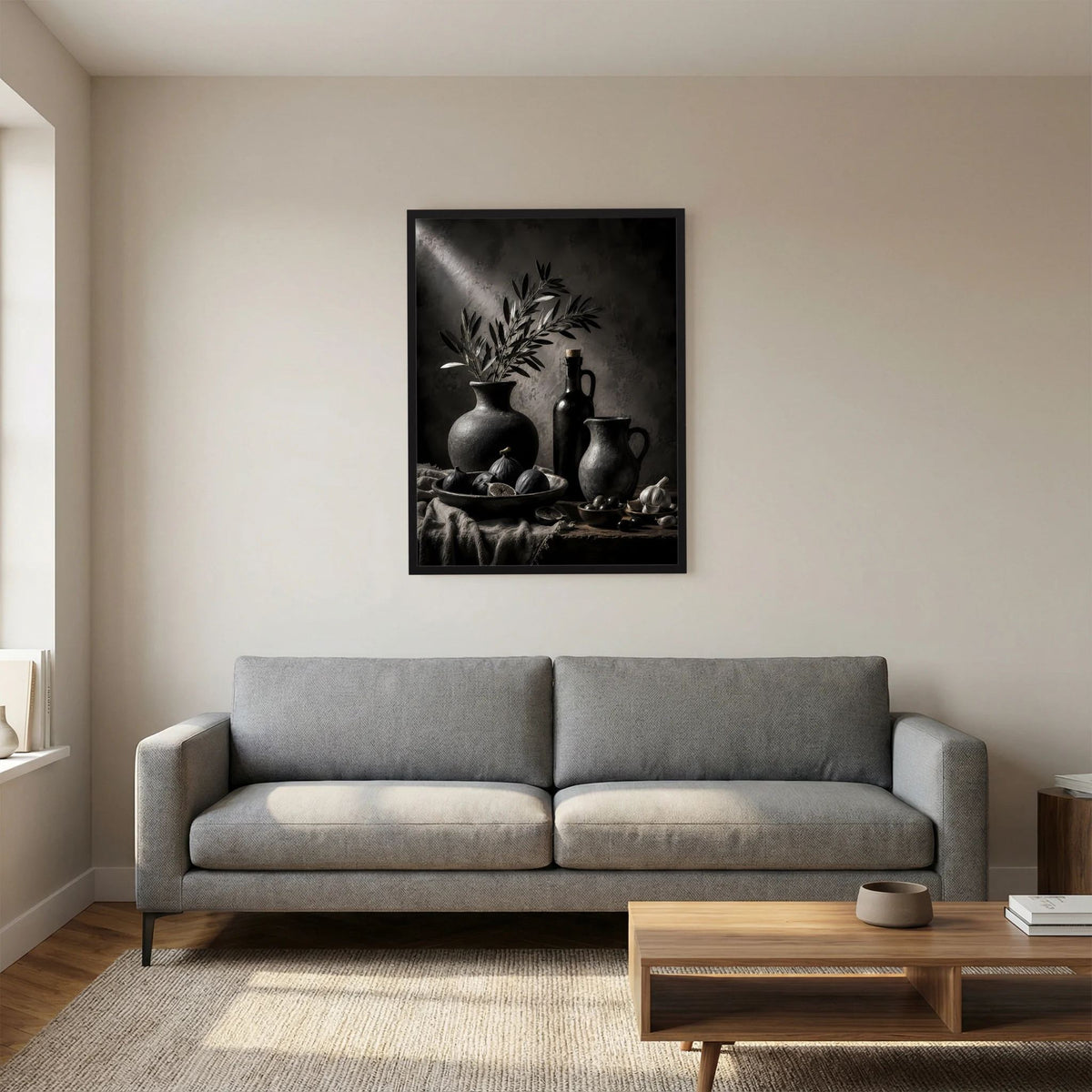 Gerahmtes Poster mit schwarzem Stillleben: Olivenzweige, Krüge und Schalen.