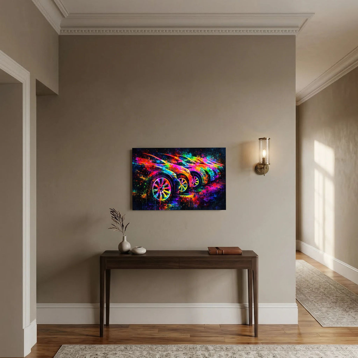 Wandposter mit mehrfarbigen Sportwagen in Farbexplosion, querformat