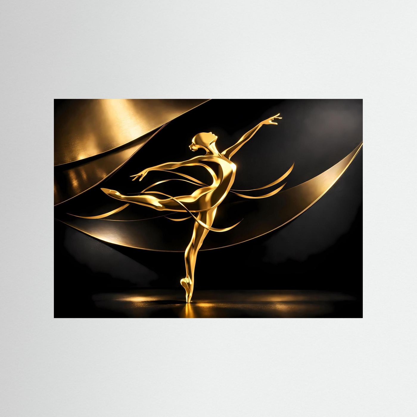Gerahmtes Wandbild: goldene Ballerina-Skulptur über schwarzen Wellen, schwarz
