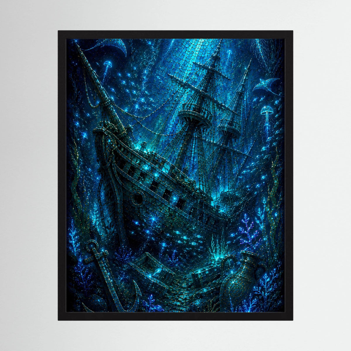 Gerahmtes Kunstposter mit blauem Geisterschiff im Unterwasser-Look
