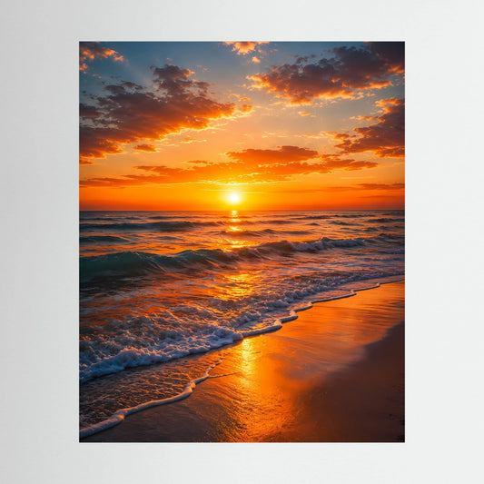Hochformatiges Poster: Strand-Sonnenuntergang mit leuchtenden Wellen, ungerahmt