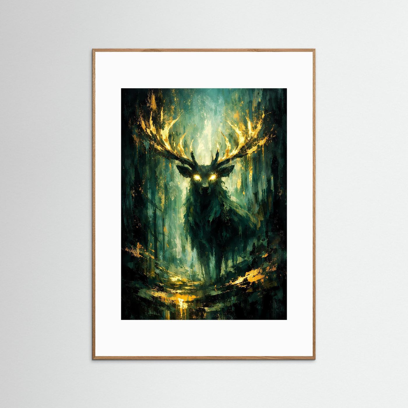 Hirsch-Naturposter im Hochformat, abstrakter Wald mit leuchtender Hirschsilhouette, brauner Rahmen