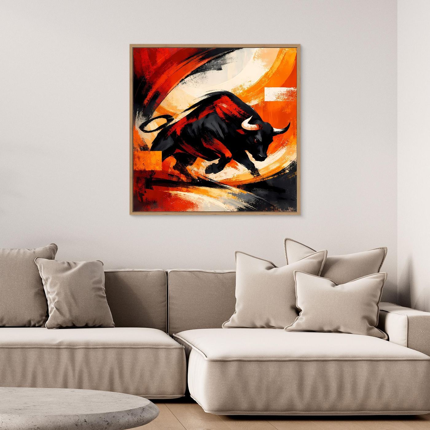 Gerahmtes Leinwandbild mit abstraktem schwarzem Stier, Rot-, Orange- und Gelbtönen
