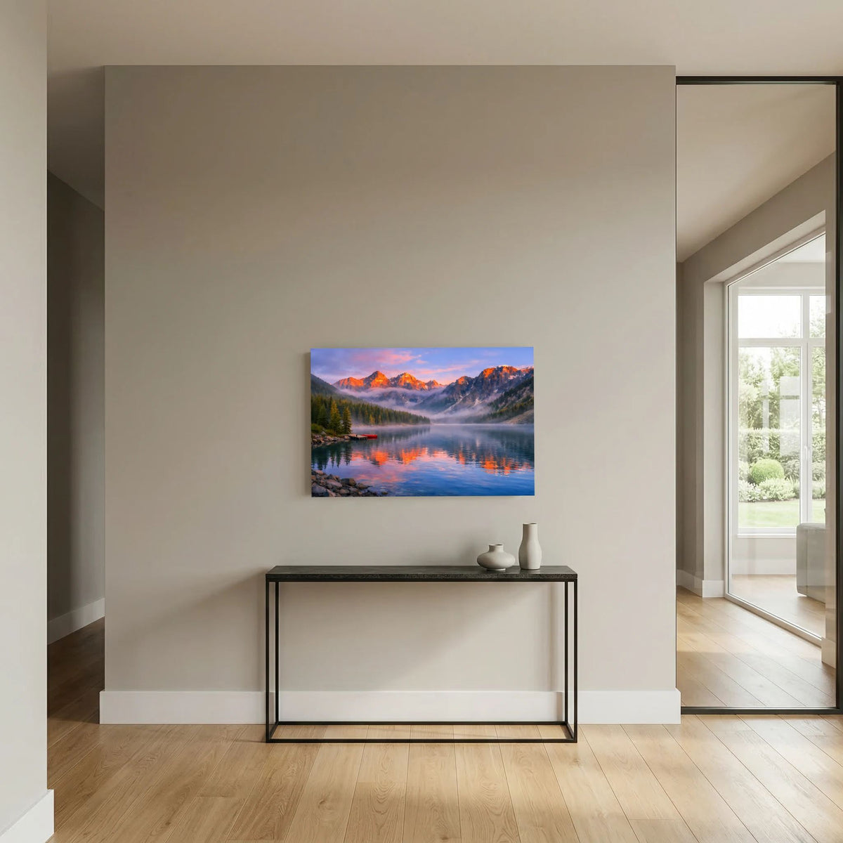Wandbild im Querformat: Gebirge im Abendrot, See mit Spiegelungen und leichter Nebelzone.