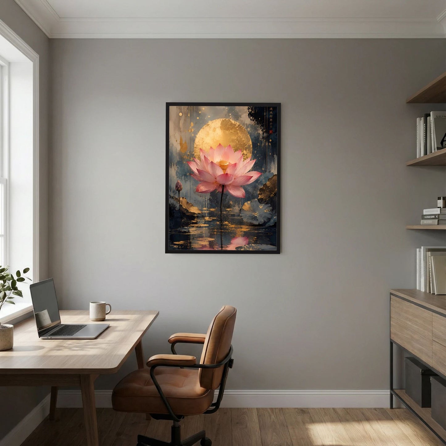 Gerahmtes Hochformat-Poster mit rosa Lotusblüte, goldener Scheibe und Spiegelungen im Wasser
