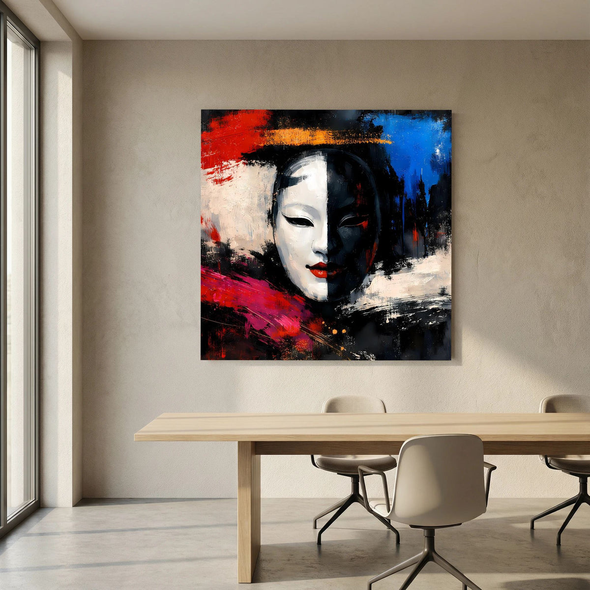Pop-Art-Leinwandbild mit Geisha-Maske: weißes Gesicht, schwarz überlagert, rote und blaue Farbflächen