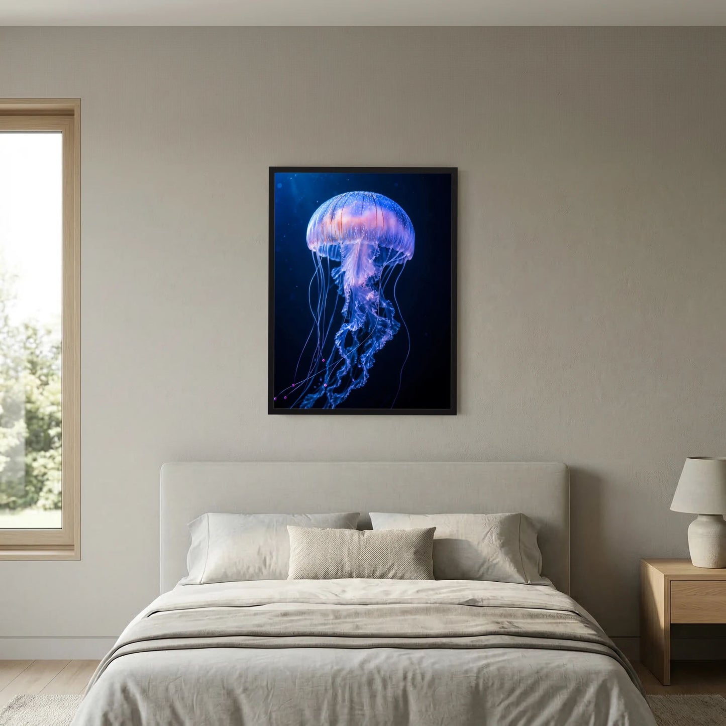 Wandposter mit leuchtender Qualle in Blau-Violett, quadratisch, schwarzer Rahmen
