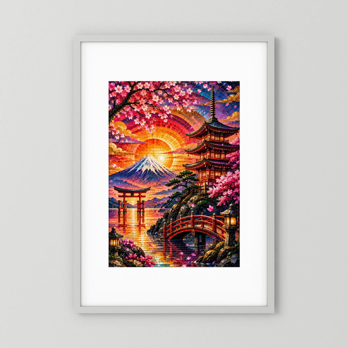 Poster im Hochformat mit weißem Rahmen, Mosaik-Landschaft mit Pagode, Sakura und Sonne