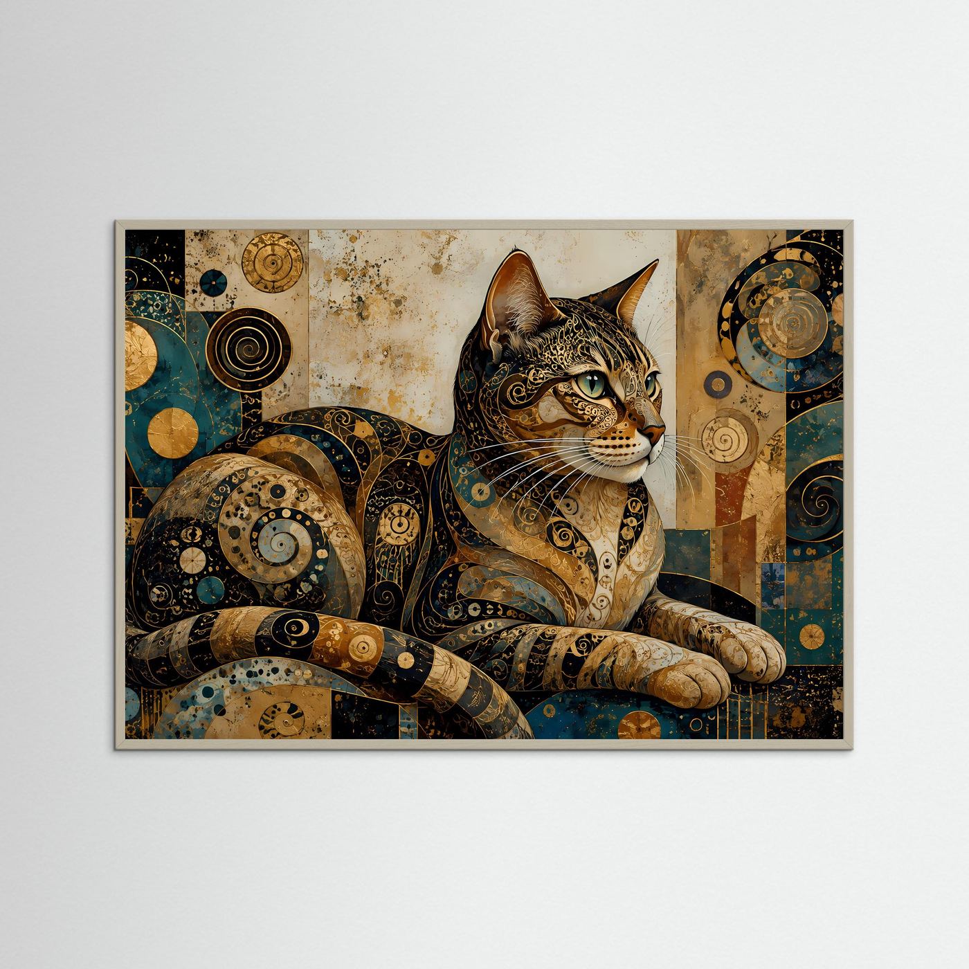 Ornamentales Katzenposter im Querformat mit grauem Rahmen