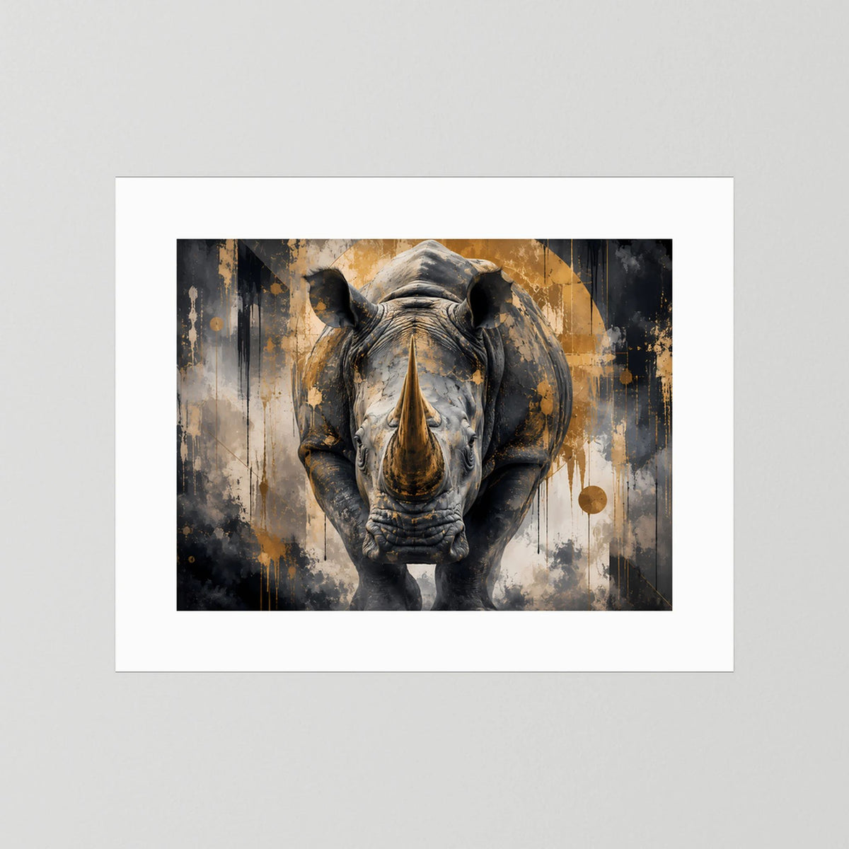 Abstraktes Nashorn-Poster mit weißem Rahmen und Passepartout, Schwarz-Gold im Querformat