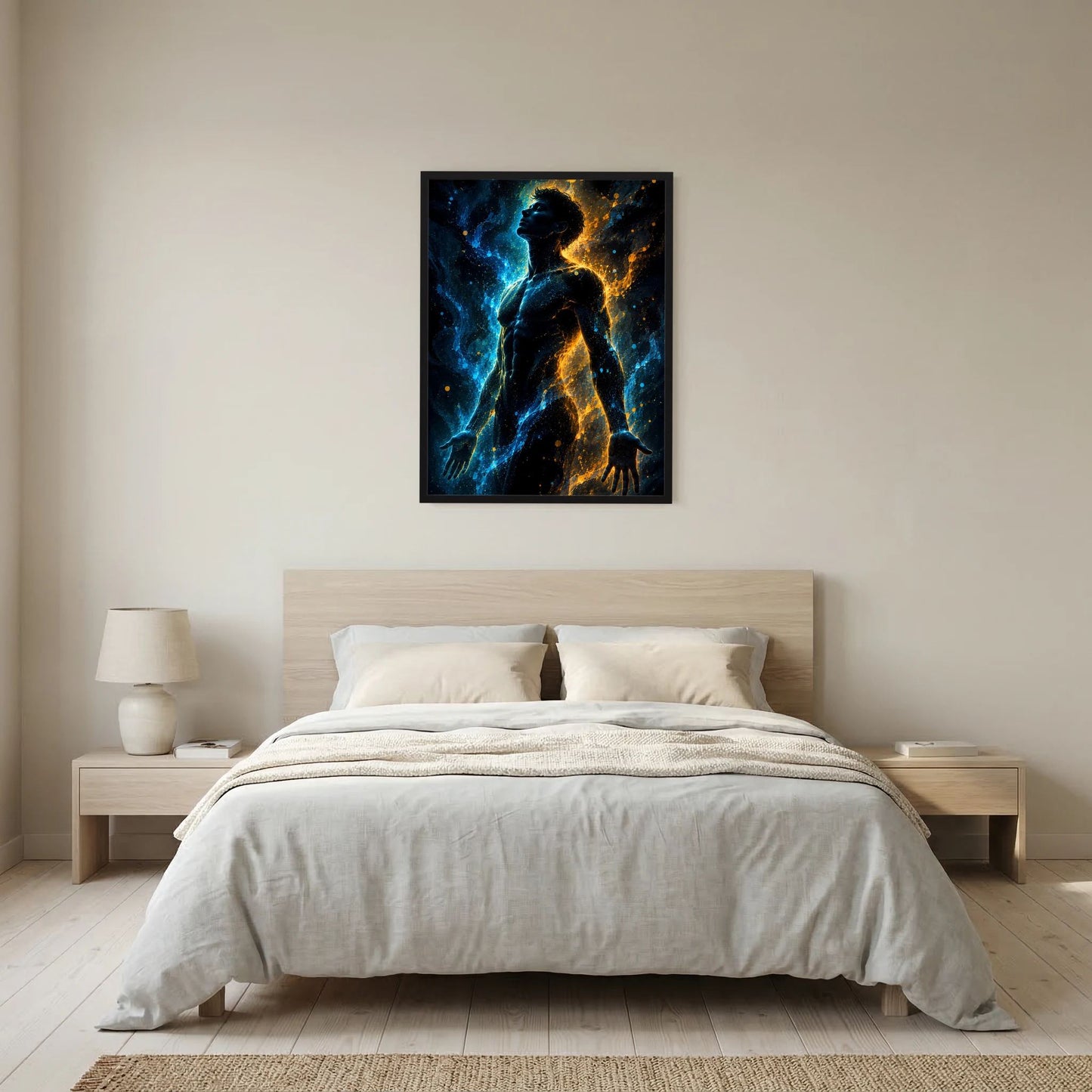 Hochformatposter mit männlicher Silhouette in Blau und Gold, in schwarzem Rahmen
