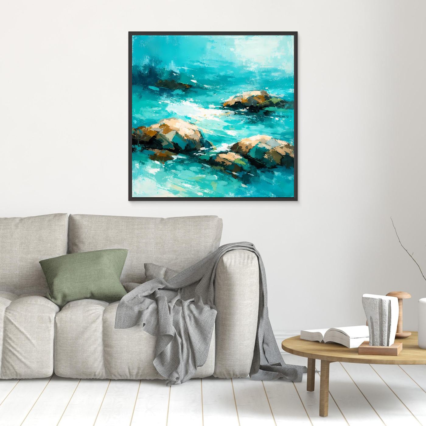 Leinwand Abstrakte Meereslandschaft mit Felsen | Modernes Küsten Wandbild Türkis