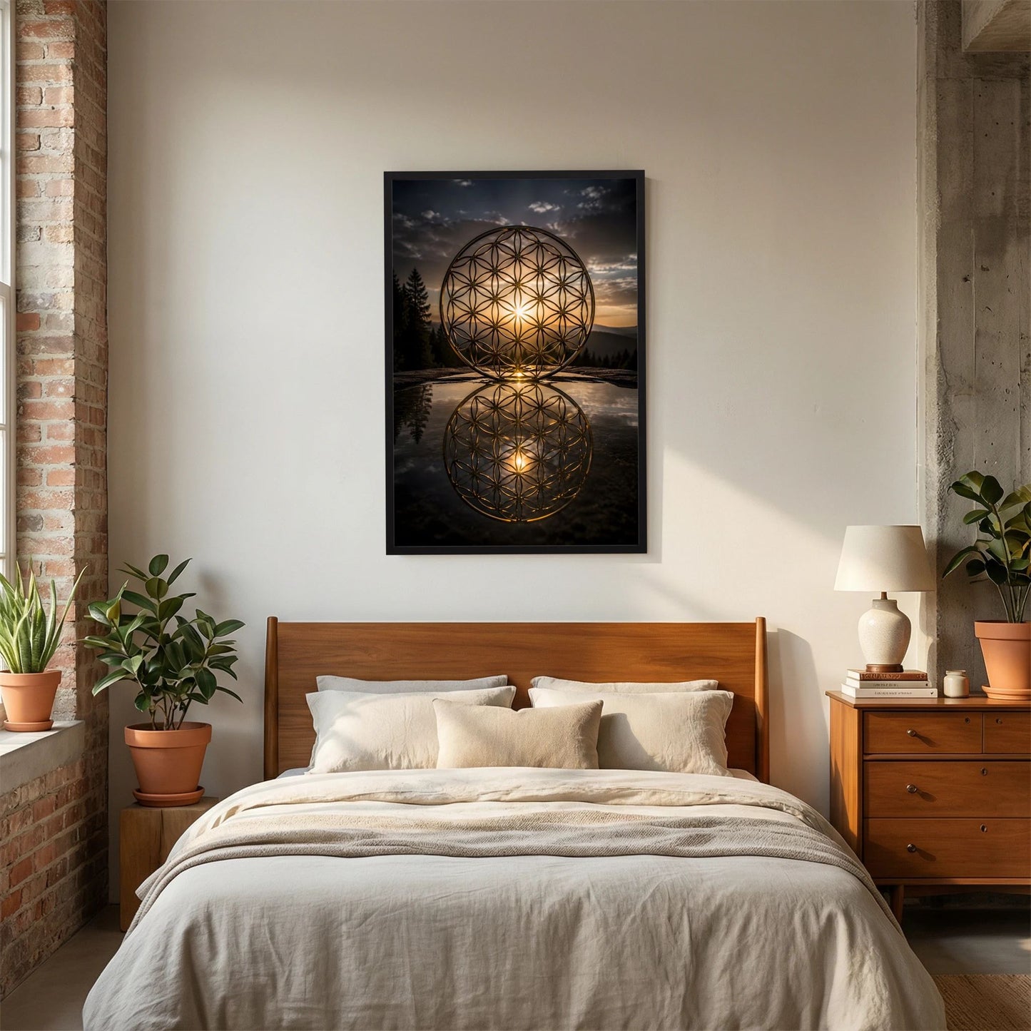 Hochformatiges Poster mit goldener Blume des Lebens in zwei reflektierten Kreisen, Holzrahmen.