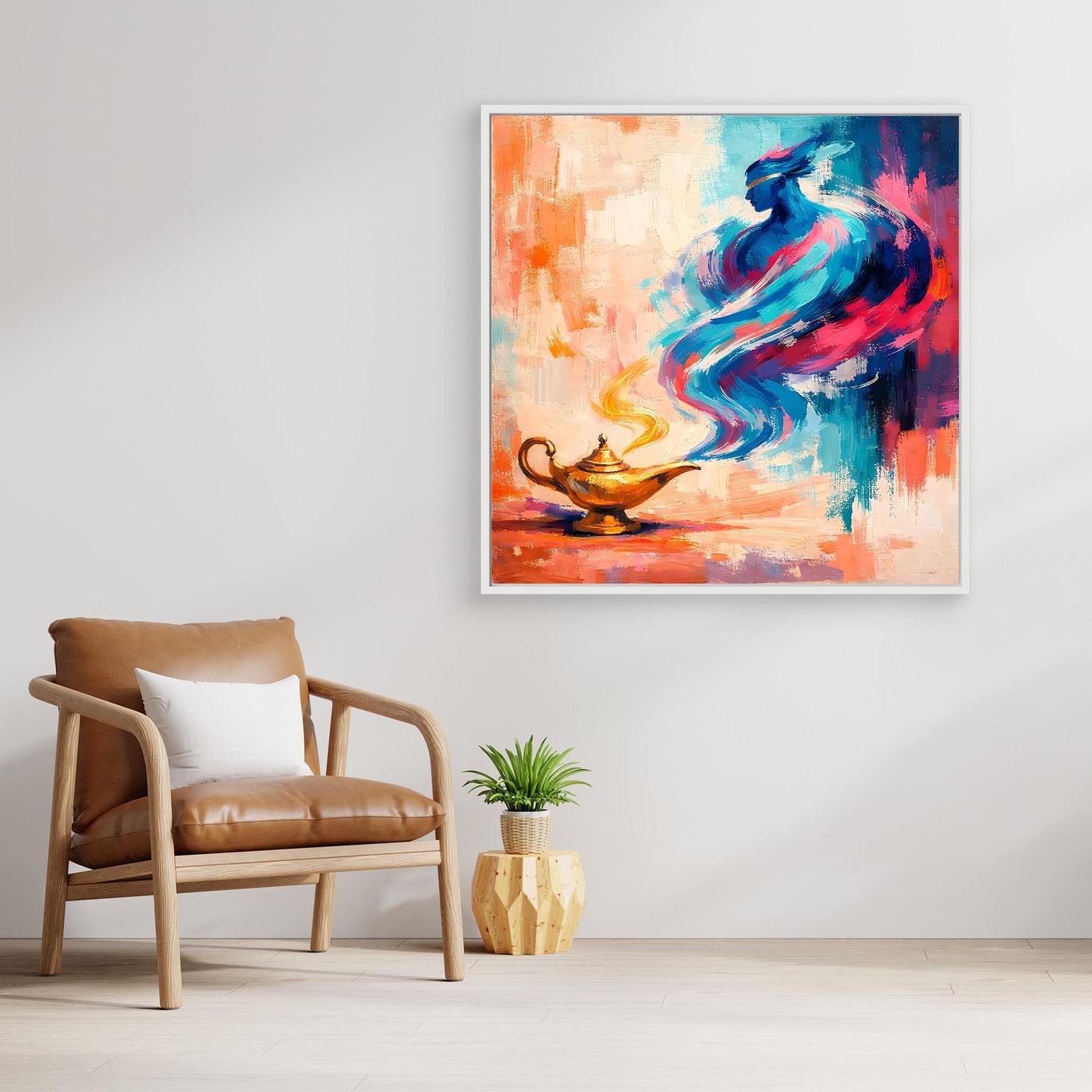 Abstraktes Leinwandbild mit Flaschengeist-Motiv, türkis-blau und orange, goldene Lampe