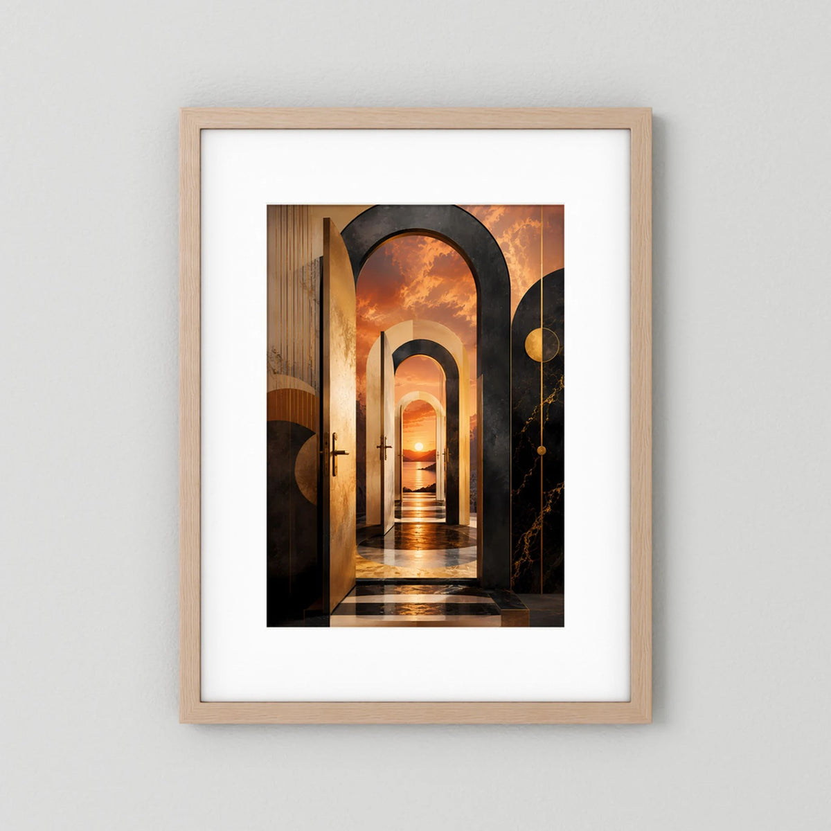 Hochformat-Poster mit surreale Architektur-Korridor, Schwarz/Creme, helle Holzumrandung