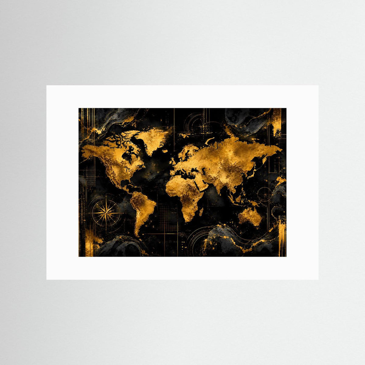 Querformatiges Poster mit weißem Passepartout: abstrakte Weltkarte in Schwarz und Gold