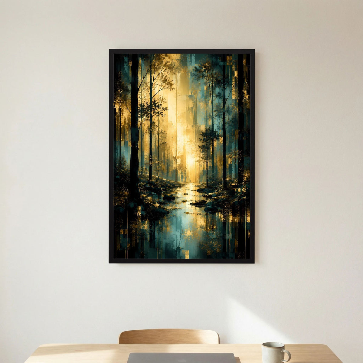Hochformat-Poster mystischer Wald mit Lichtschimmer in Türkis und Gold, schwarzer Rahmen