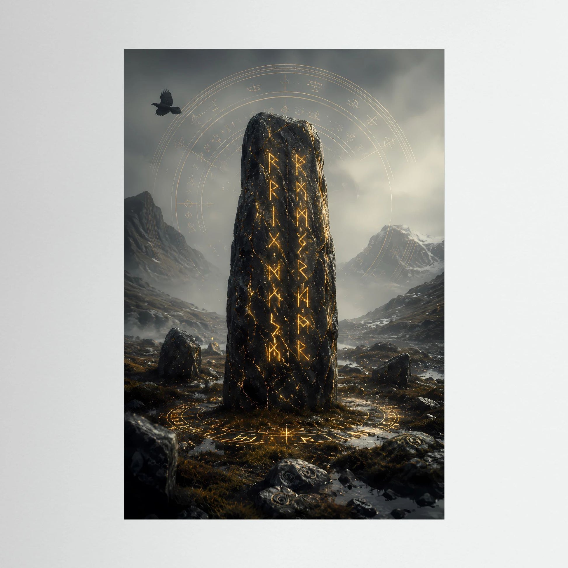 Hochformat-Poster mit leuchtendem Runenstein und goldenen Runensymbolen im Bergpanorama.