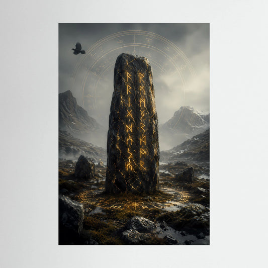 Hochformat-Poster mit leuchtendem Runenstein und goldenen Runensymbolen im Bergpanorama.