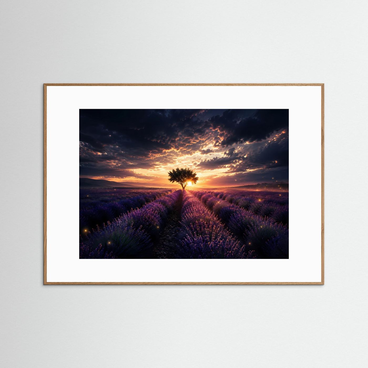 Lavendelfeld mit Baum Poster | Sonnenuntergang Landschaft Wandbild | Provence Lavendel Kunst | Natur Fine Art Print | Modernes Panorama