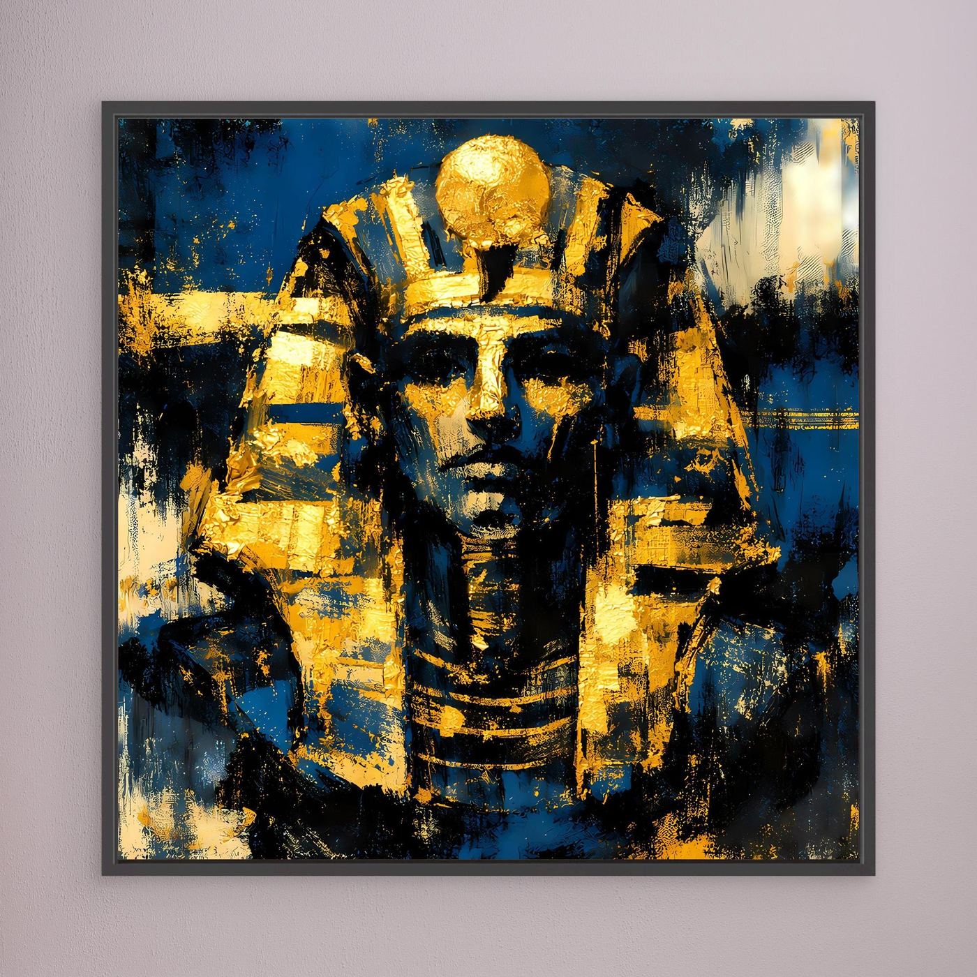 Ägyptisches Wandbild mit Pharao-Maske, goldene Akzente, schwarzer Rahmen