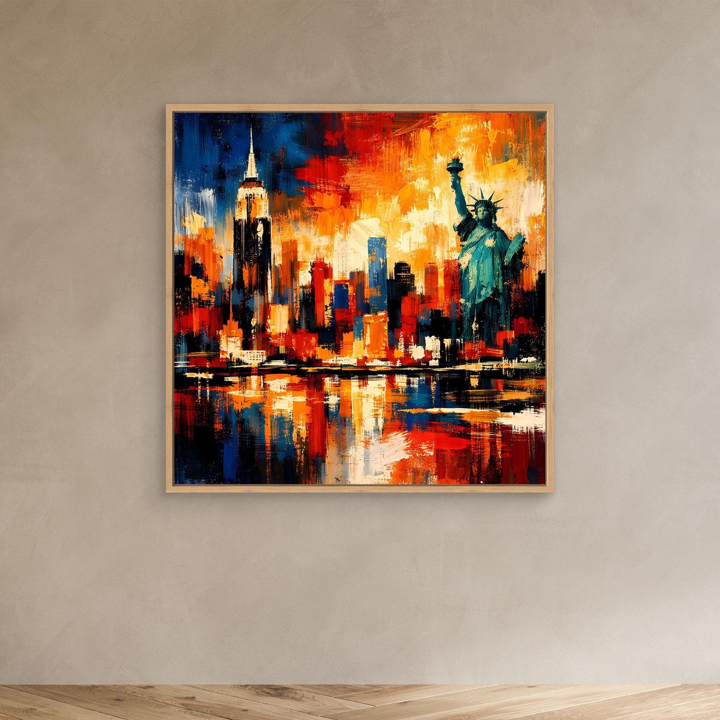 Leinwandbild abstrakte Skyline mit Freiheitsstatue im Eichenrahmen, rot-blau-gelb
