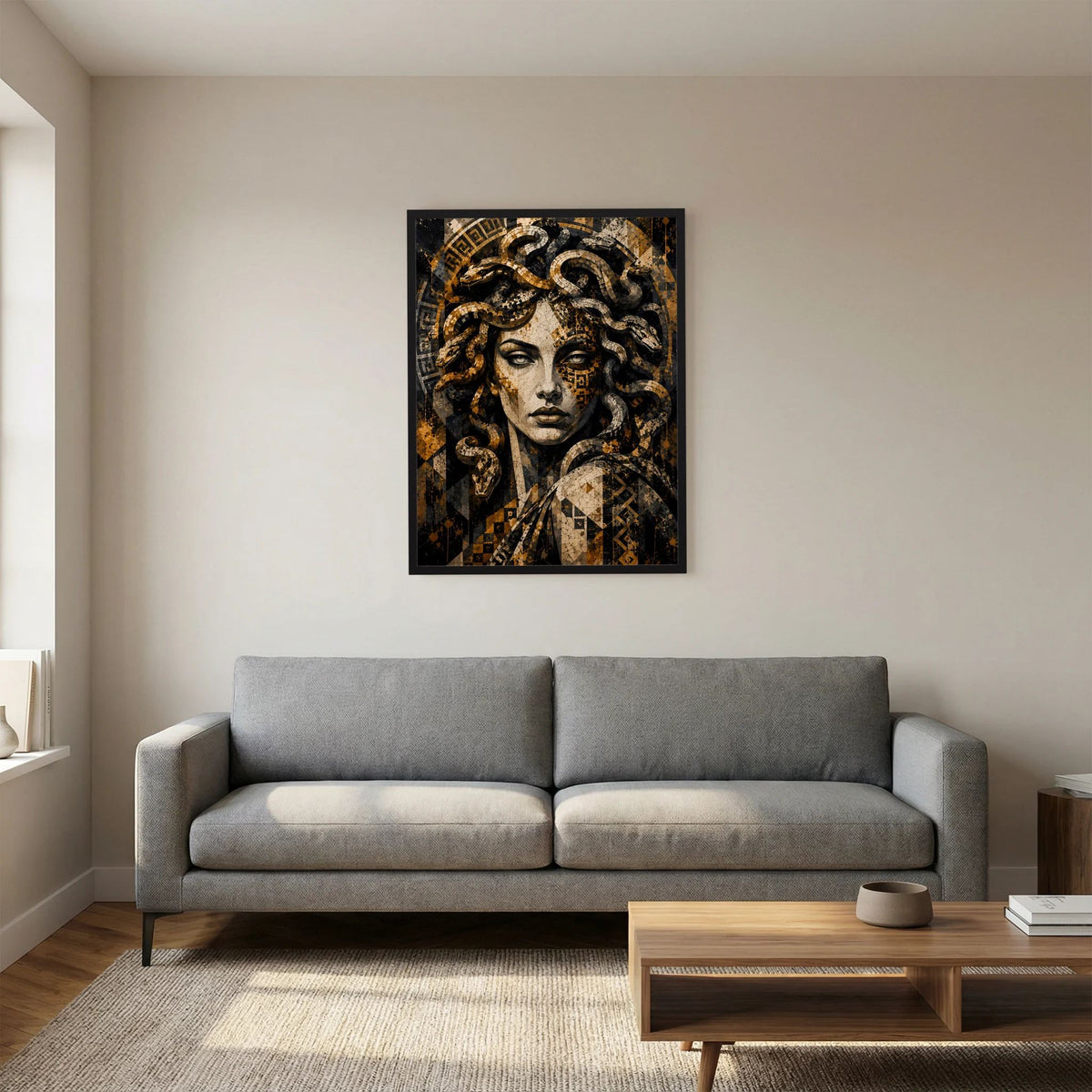 Medusa-Poster im Bildausschnitt: gold-schwarzes Mosaikmotiv mit klassischem Porträt, schwarz gerahmt