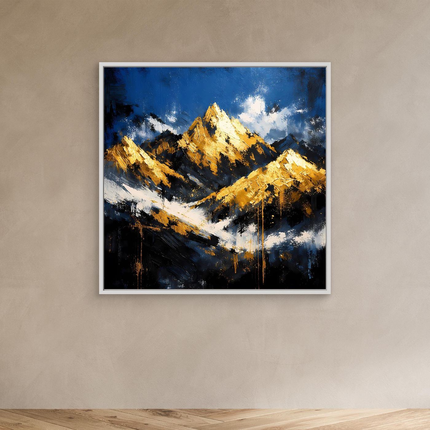 Leinwand Abstraktes Berggemälde in Blau und Gold | Modernes Berge Wandbild