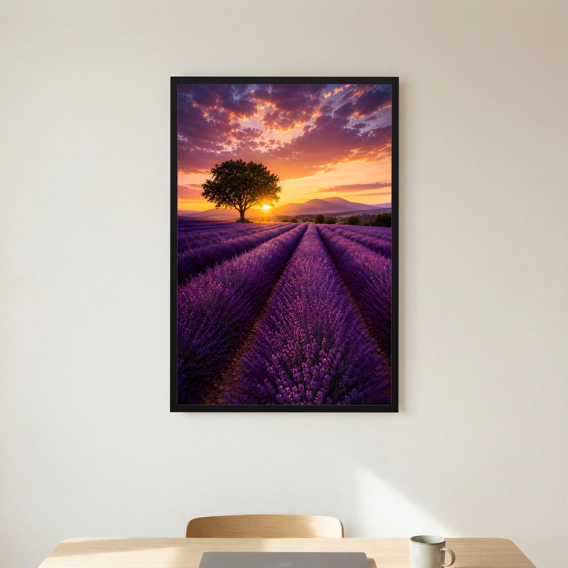 Naturposter im Hochformat mit Lavendelfeld und Sonnenuntergang, schwarze Einfassung