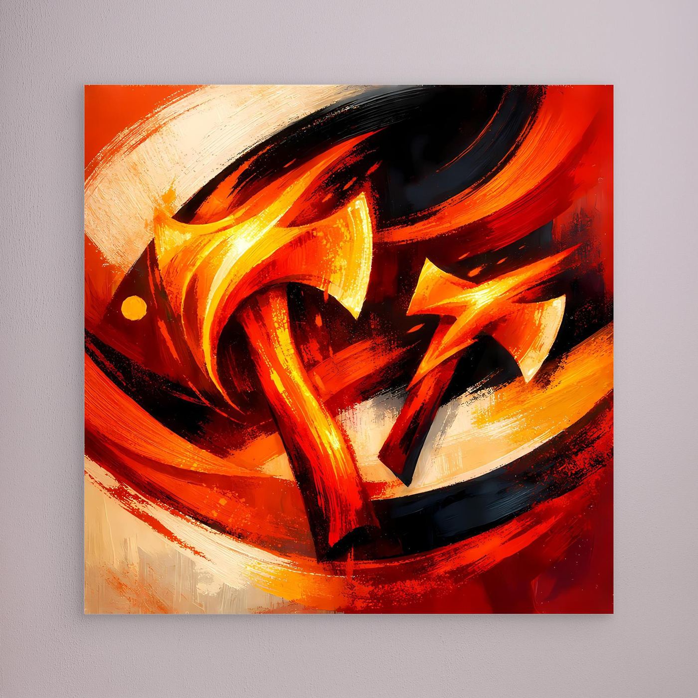 Abstraktes Leinwandbild mit Wikinger-Axt, gelb-orangene Flammen und schwarze Pinselstriche.
