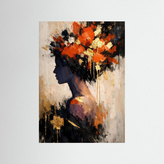 Kunstposter mit abstraktem Frauenporträt im Profil, orange, gold, schwarz auf hellem Grund