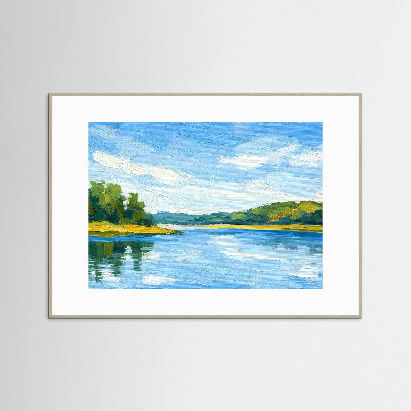 Wandbild mit Flusslandschaft, weißer Rahmen, weißer Rand