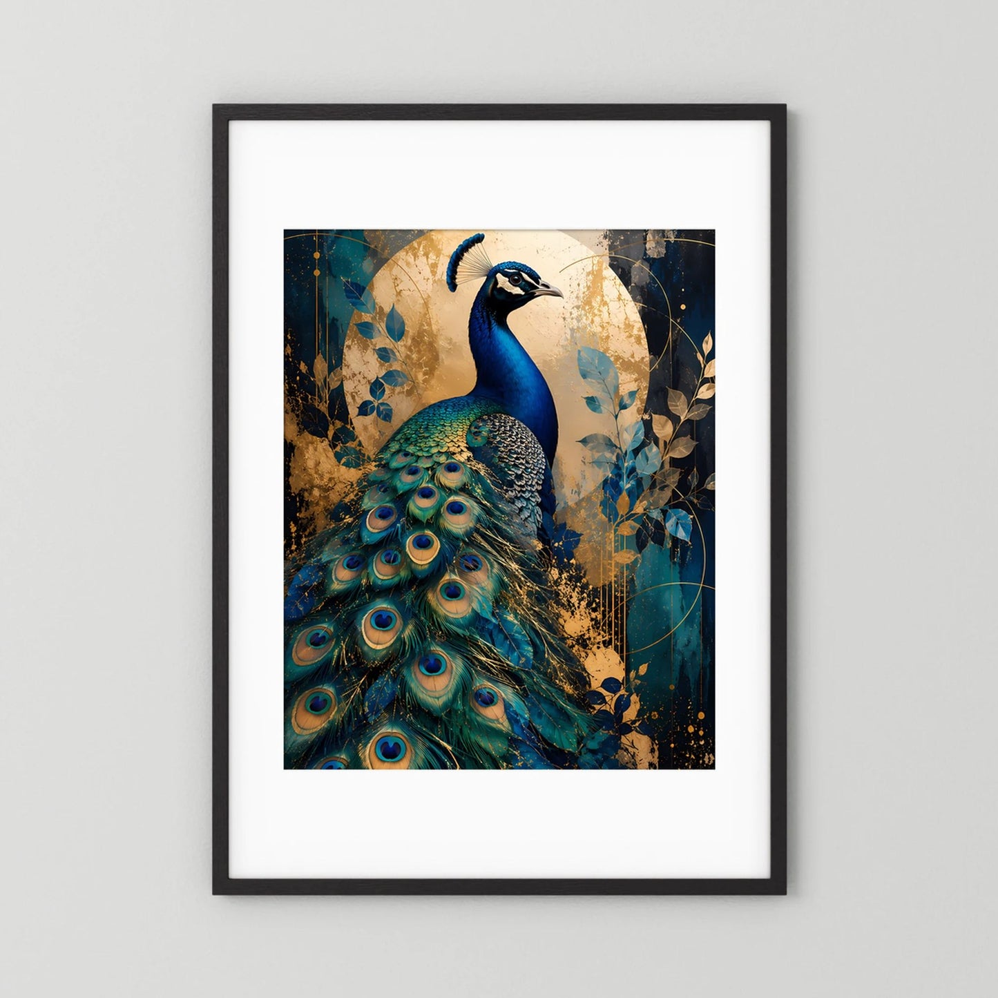 Pfau-Poster mit schwarzem Rahmen und weißem Passepartout, blau-goldene Tierkunst