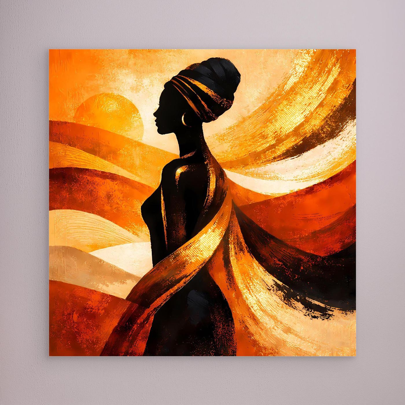 Leinwandbild mit Silhouette afrikanischer Frau, warme Orange-Gold-Farben, ohne klaren Rahmen.