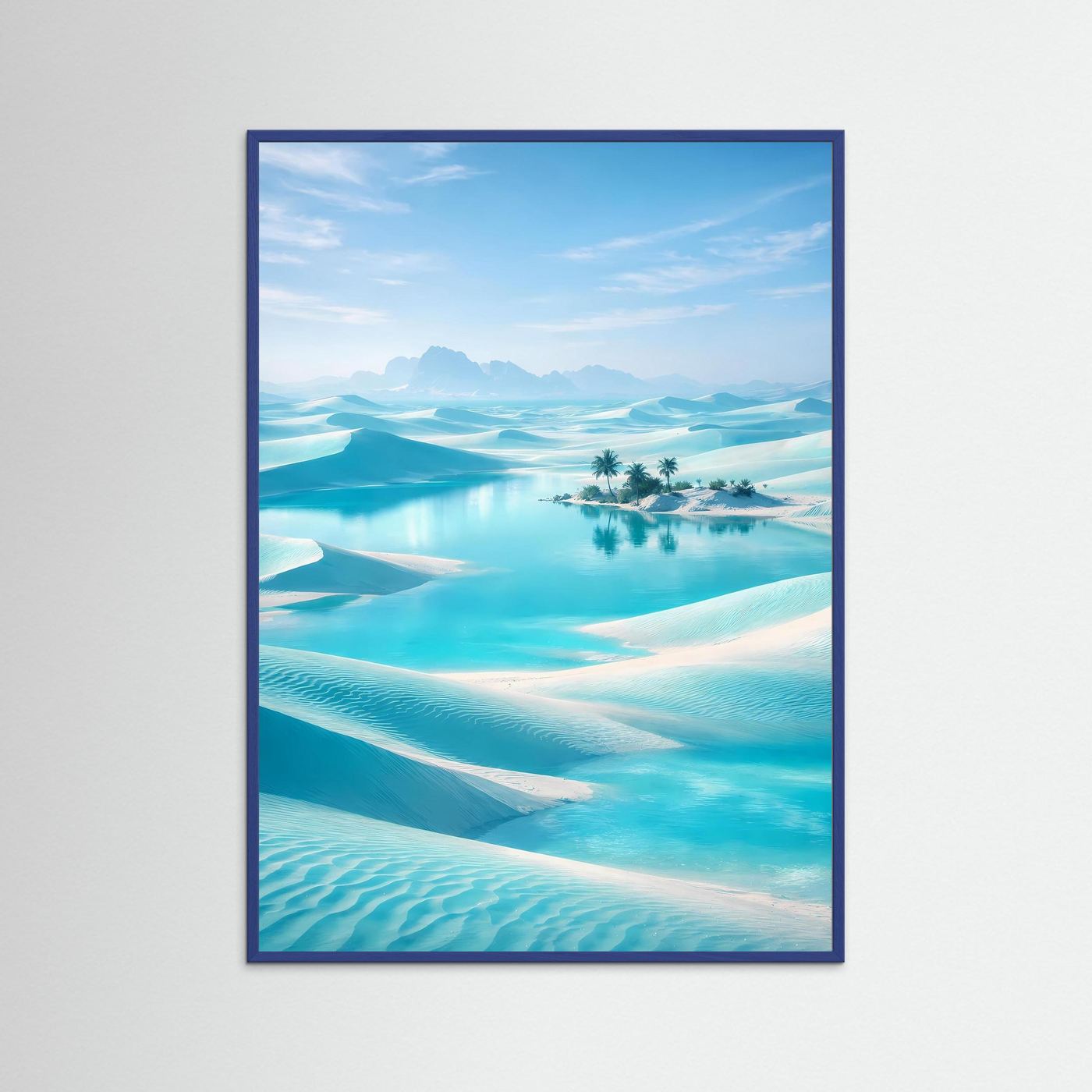 Gerahmtes Wüstenlandschafts-Poster mit blauem Rahmen und türkisfarbener Dünenlandschaft