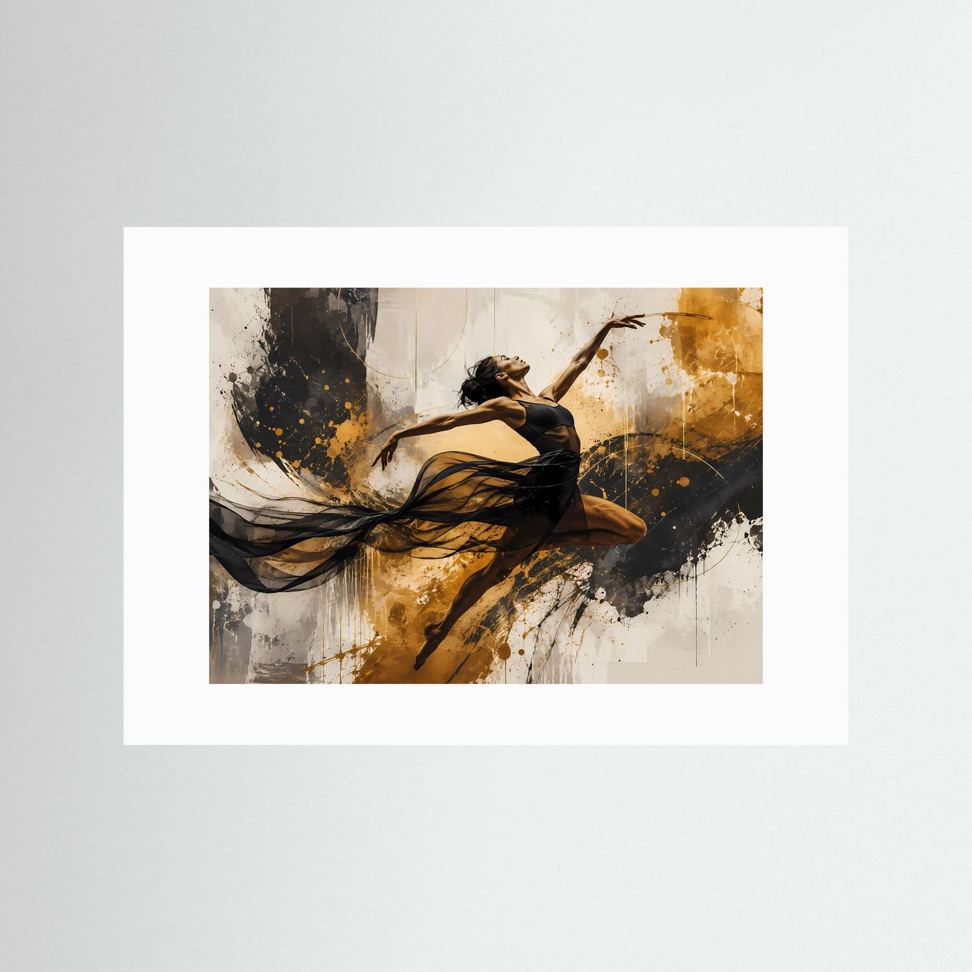 Dynamische Tänzerin in Schwarz, Weiß & Gold | Abstraktes Kunstposter im Querformat | Modernes Wandbild