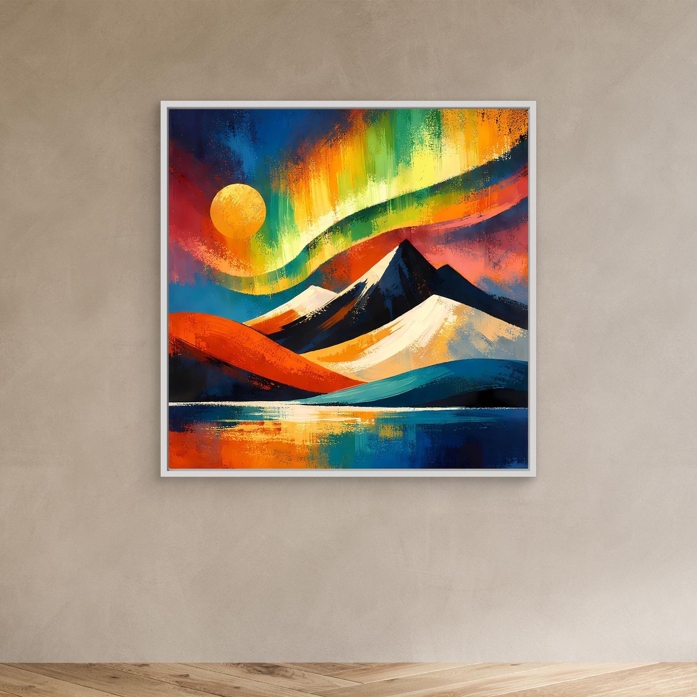 Leinwandbild mit weißem Rahmen: abstrakte Berglandschaft, farbige Striche und gelbe Sonne
