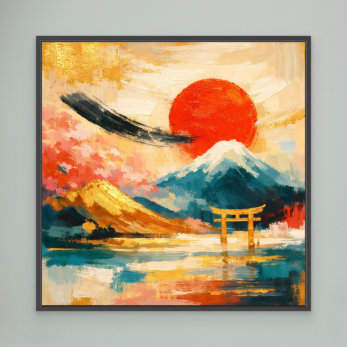 Gerahmtes Leinwandbild: Torii-Tor vor Fuji, roter Sonnenkreis, schwarzer Rahmen