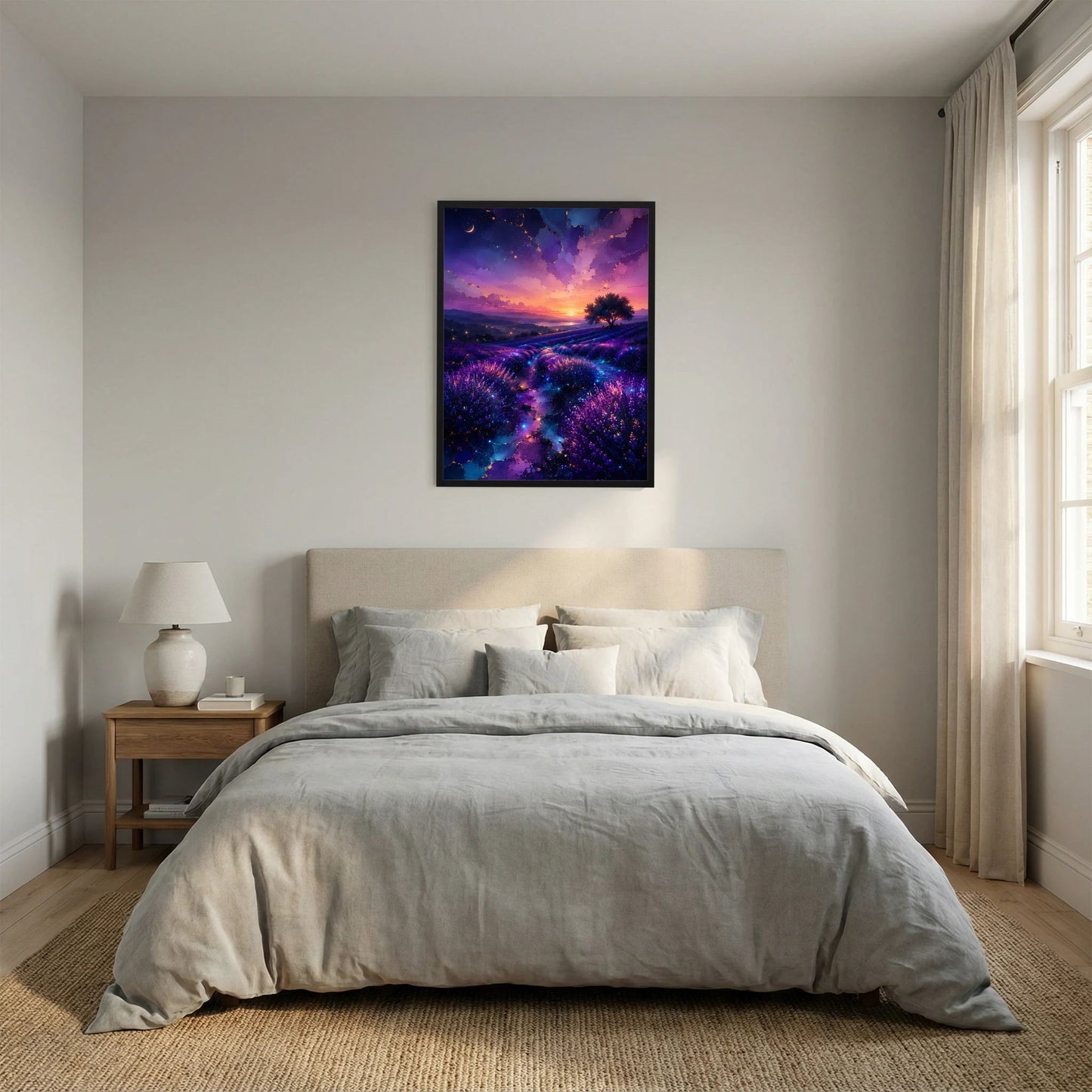 Poster im Hochformat: Lavendelfeld bei Sonnenuntergang, lila-blaue Farbgebung, schwarzer Rahmen.