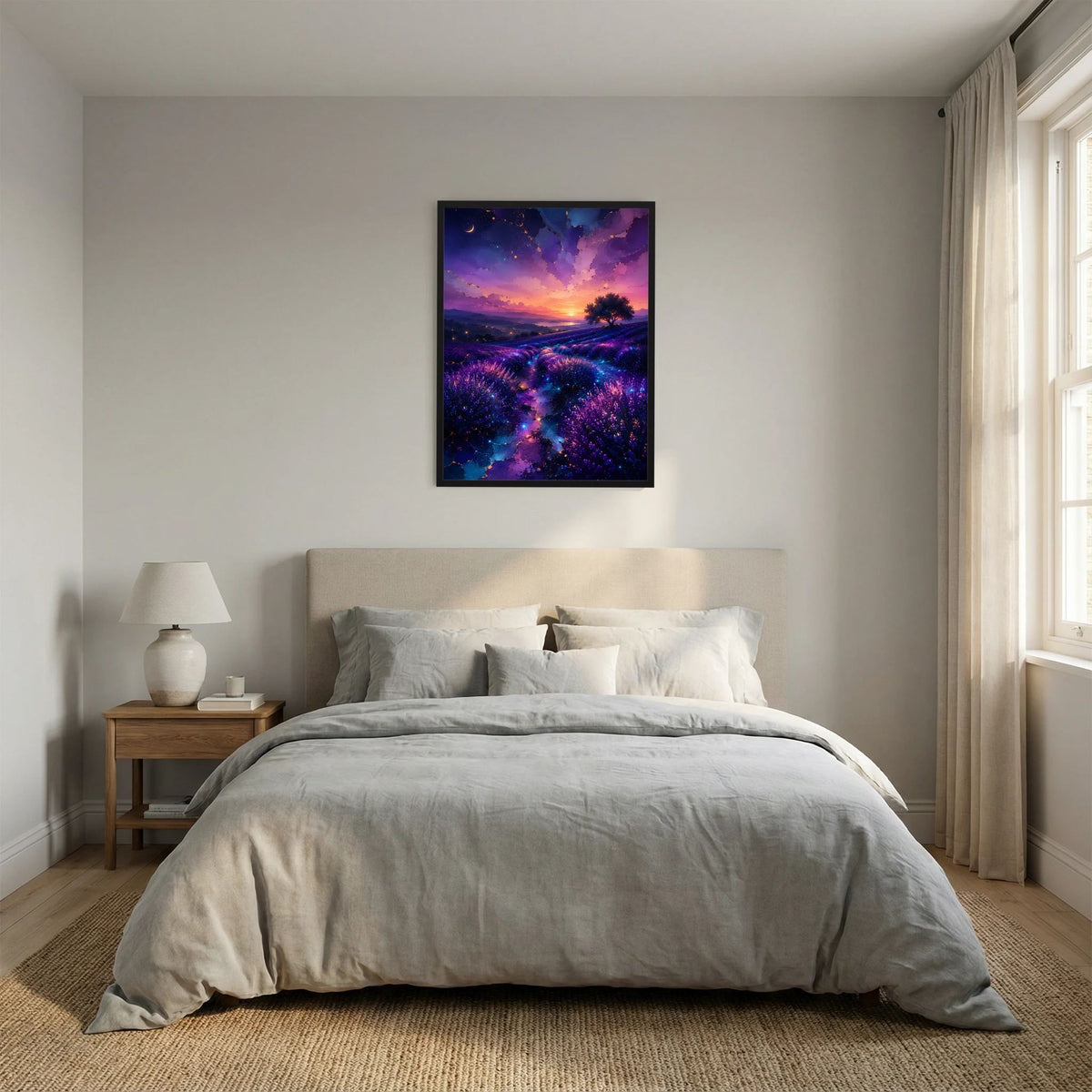 Poster im Hochformat: Lavendelfeld bei Sonnenuntergang, lila-blaue Farbgebung, schwarzer Rahmen.