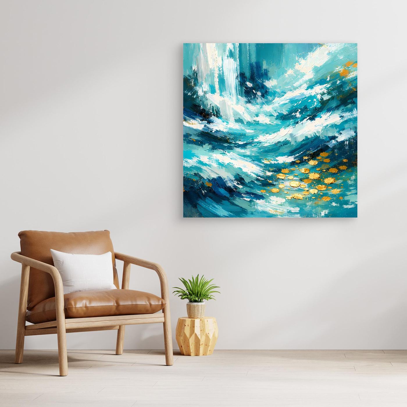 Abstraktes Ozean-Wandbild auf Leinwand mit türkis-blauen Wellen und goldenen Akzenten