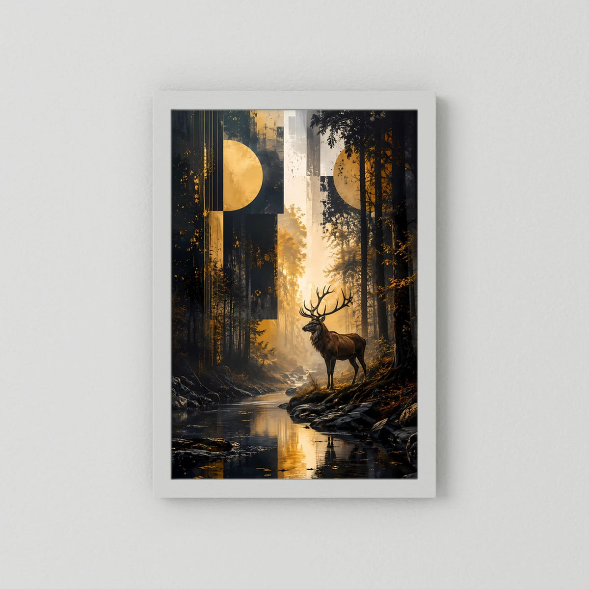Hochformatiges Poster mit Hirsch im Wald, Schwarz-Gold, goldener Mondscheibe, auf weißem Rand