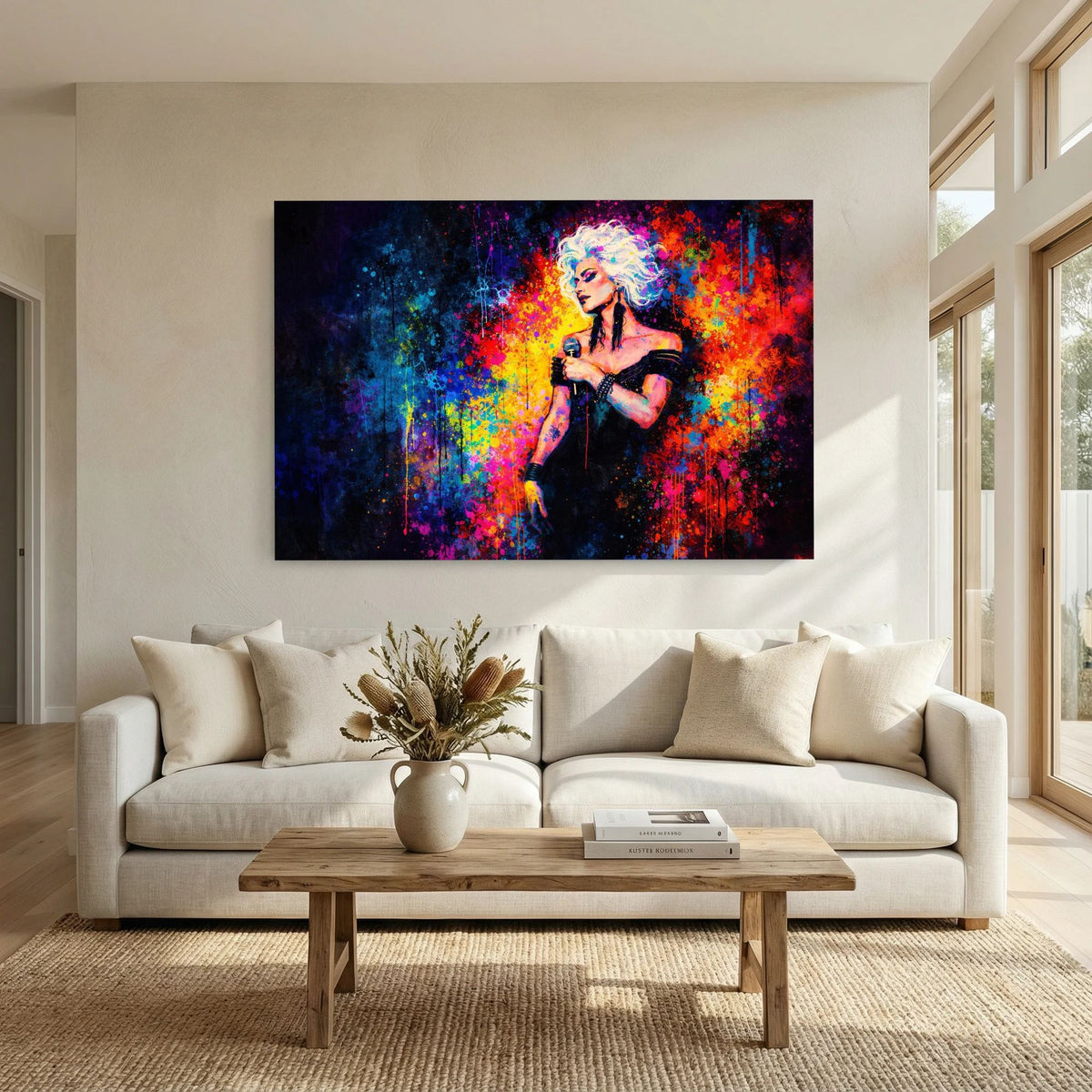 Wandbild mit Sängerin-Porträt und Mikrofon, bunte Sprenkel im Pop-Art-Look, Querformat.