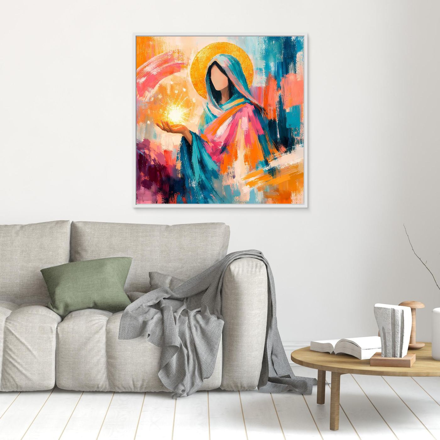 Wandbild: Mariafigur mit Heiligenschein und leuchtender Kerze, weiß gerahmt