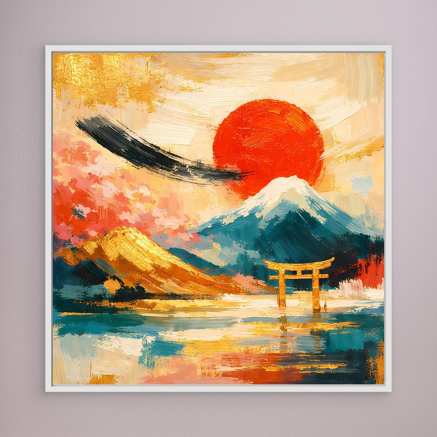 Gerahmtes Leinwandbild mit Torii-Tor und Fuji, roter Sonnenkreis, weißer Rahmen
