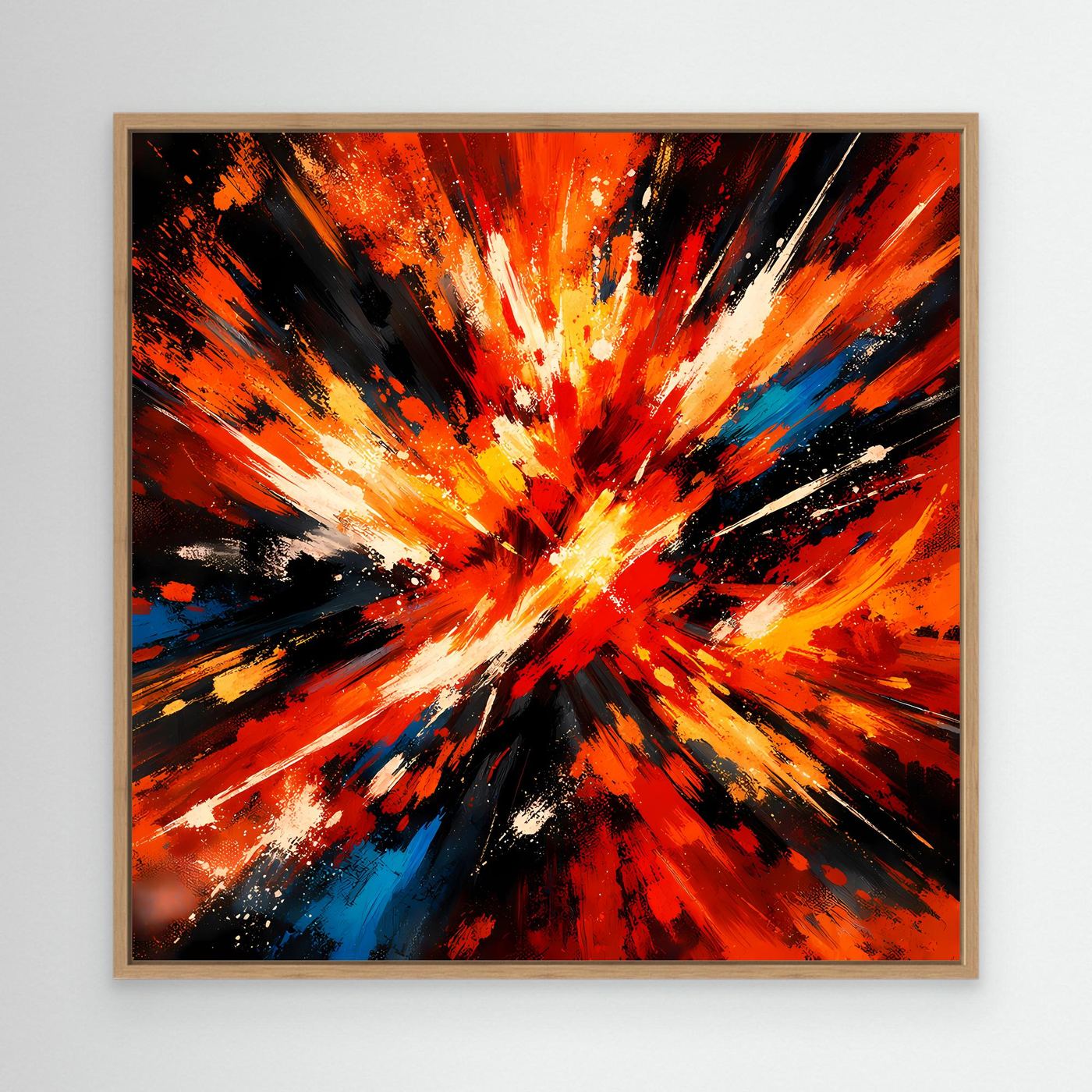 Abstraktes Leinwandbild mit Farbexplosion in Rot, Orange, Schwarz und Blau, Eichenrahmen